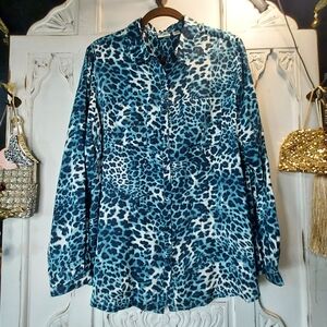 Cato Blue and White Leopard Collar Button Down Shirt